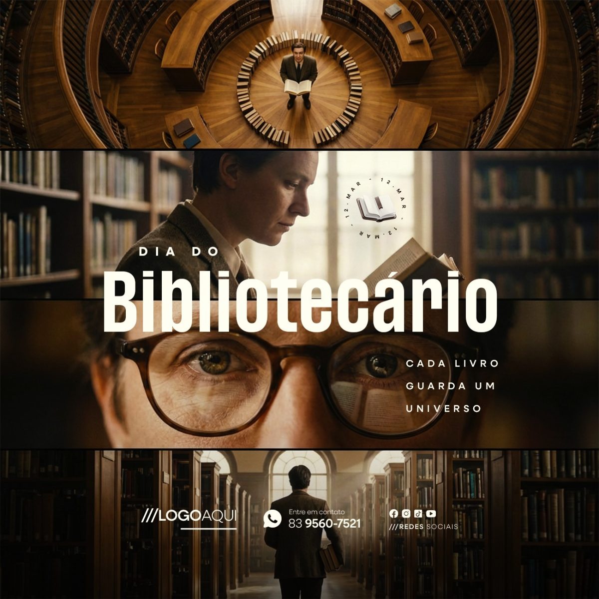 Dia do Bibliotecário 12 de Março Cada Livro Guarda um Universo PSD Editável