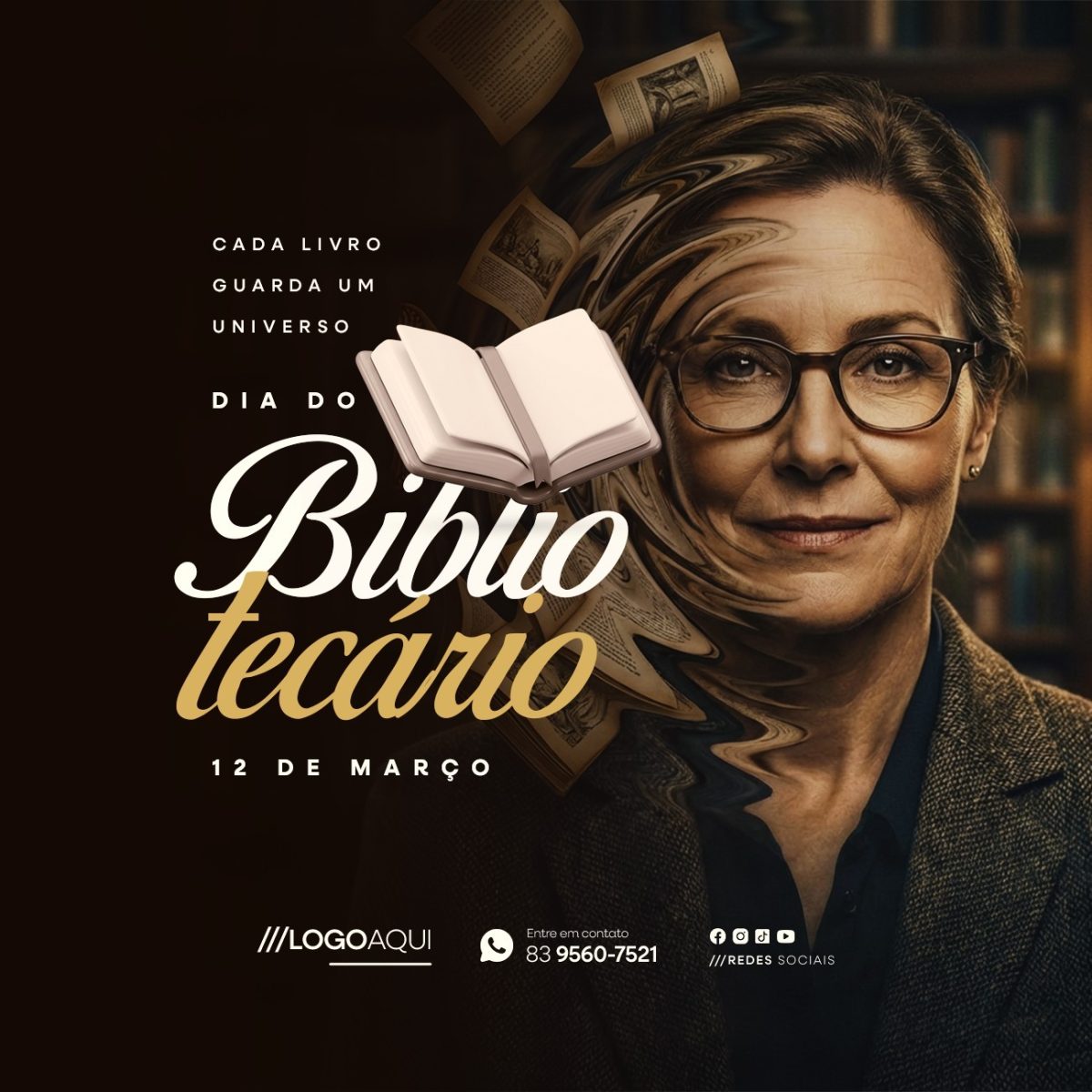 Dia do Bibliotecário 12 de Março Cada Livro Guarda um Universo PSD Editável