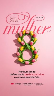 Feliz Dia da Mulher 08 de Março Tulipas Rosa e Amarelas PSD Editável