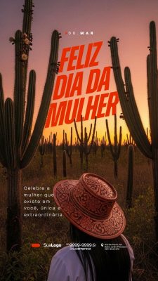 Dia da Mulher 08 Março com Cactos e Chapéu Sertanejo PSD Editável