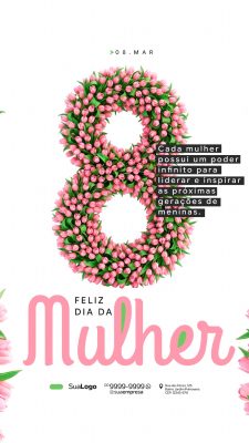 Dia da Mulher 08 Março Tulipas Rosas Arte Vertical PSD Editável