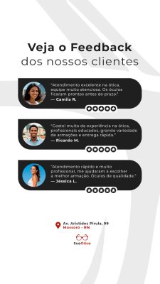 Story Feedback Clientes SuaÓtica Avaliações e Testemunhos PSD Editável