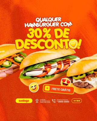 Lanchonete Hambúrguer com 30% Desconto e Frete Grátis PSD Editável