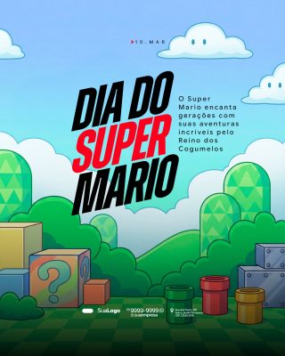 Dia Super Mario Tema Cogumelos Banner Festivo 10 Março PSD Editável