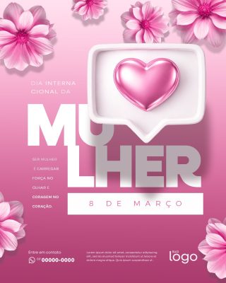 Dia Internacional da Mulher 8 de Março Flores Coração PSD Editável