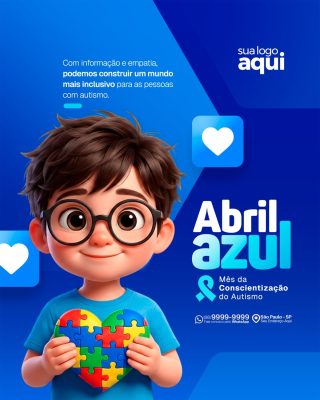 Abril Azul Mês da Conscientização do Autismo Banner Menino PSD Editável