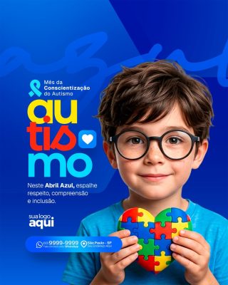 Autismo Mês da Conscientização Criança Coração Quebra-Cabeça PSD Editável