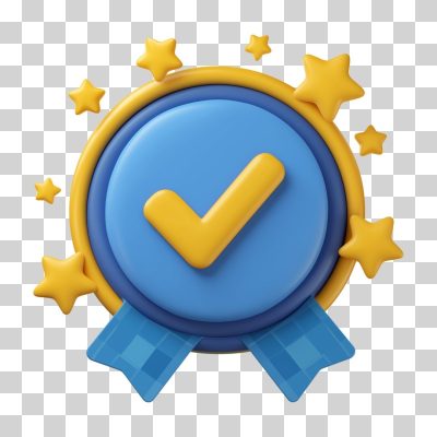 Selo de Qualidade com Tique e Estrelas 3D Render PNG Transparente