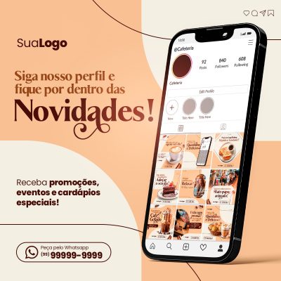 Novidades no Instagram da Cafeteria Promoções e Pedido via WhatsApp PSD Editável
