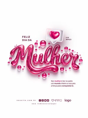 Mulher Feliz Dia da Mulher 8 de Março Coração Glitter PSD Editável