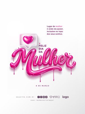 Dia da Mulher Feliz 8 de Março Arte Rosa Brilhante PSD Editável