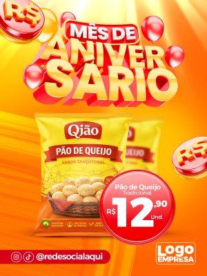 Mês de Aniversário Promoção Pão de Queijo Oferta PSD Editável