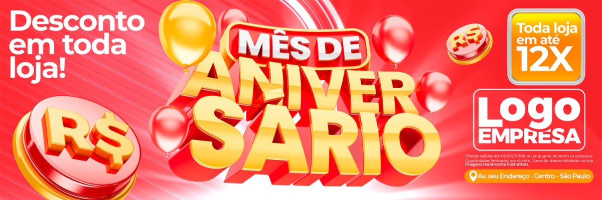 Mês de Aniversário Toda Loja Desconto Banner PSD Editável