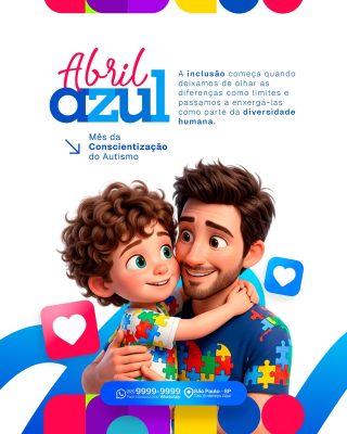 Abril Azul Mês Conscientização do Autismo Inclusão e Diversidade PSD Editável