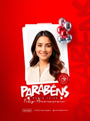 Aniversário Parabéns para Maria Luiza Cartão Vermelho Moderno PSD Editável