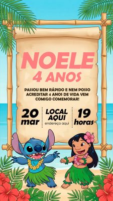 Story Flyer Convite Aniversário Noele 4 Anos Lilo e Stitch Praia PSD Editável