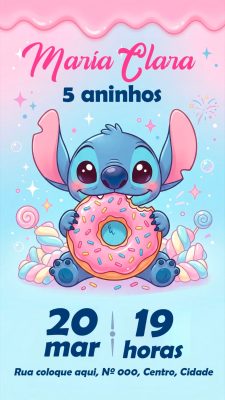 Story Flyer Convite Aniversário Stitch Maria Clara 5 Aninhos Festa Infantil PSD Editável