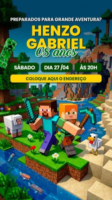 Story Flyer Minecraft Convite Aniversário HENZO GABRIEL 08 Anos PSD Editável