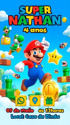 Story Flyer Aniversário Super Mario Nathan 4 Anos Convite Digital PSD Editável