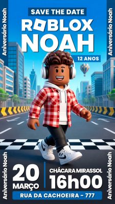 Story Flyer Aniversário Roblox Noah 12 Anos Save the Date Convite Digital PSD Editável
