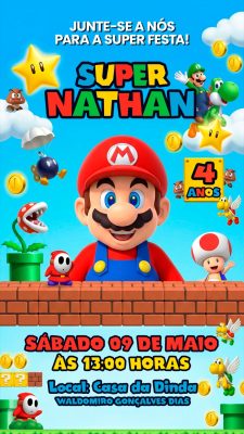 Story Flyer Convite de Aniversário Super Nathan 4 Anos Festa Mario Bros PSD Editável