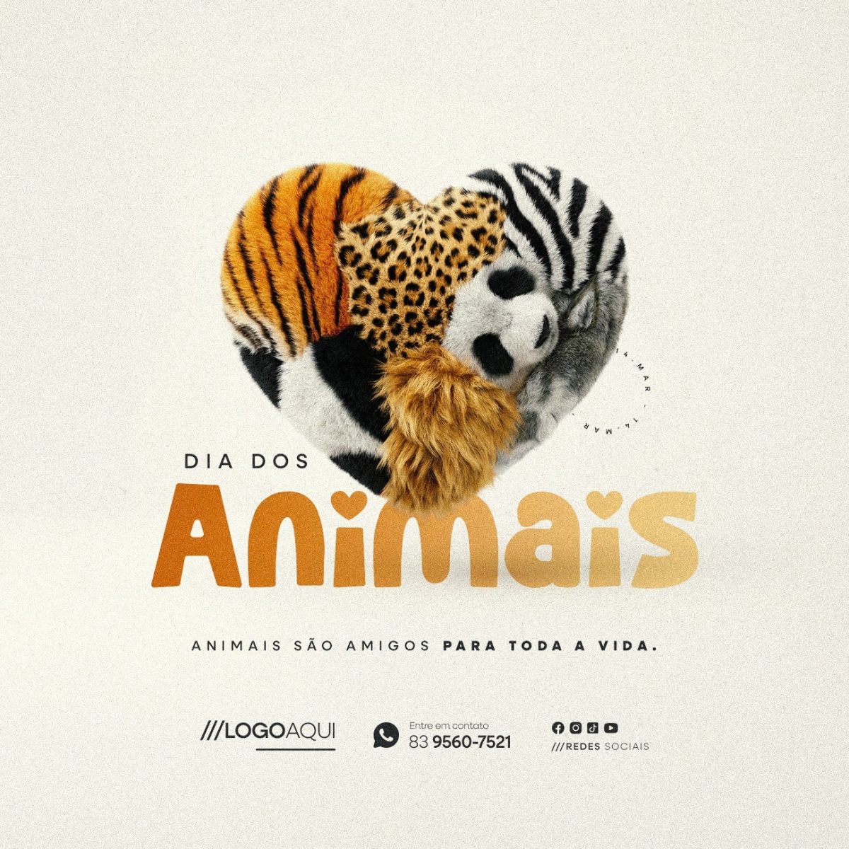 Dia dos Animais 14 de Março Animais São Amigos Para Toda a Vida PSD Editável