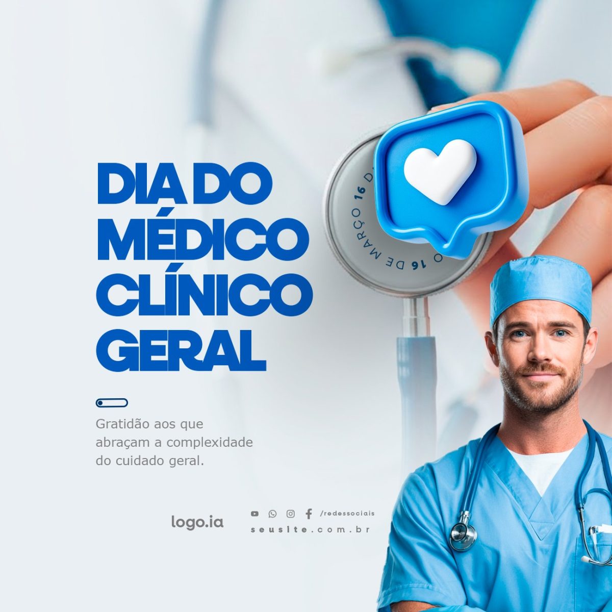 Dia do Médico Clínico Geral 16 de Março Reconhecimento Profissional PSD Editável