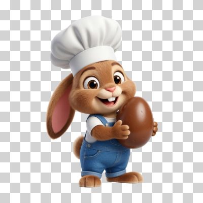 Mascate 3D Coelhinho Chef Ajudante com Ovo de Páscoa PNG Transparente