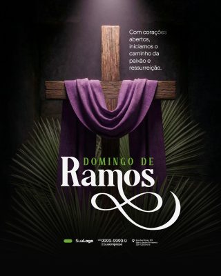 Domingo de Ramos Crucifixo e Folhas PSD Editável