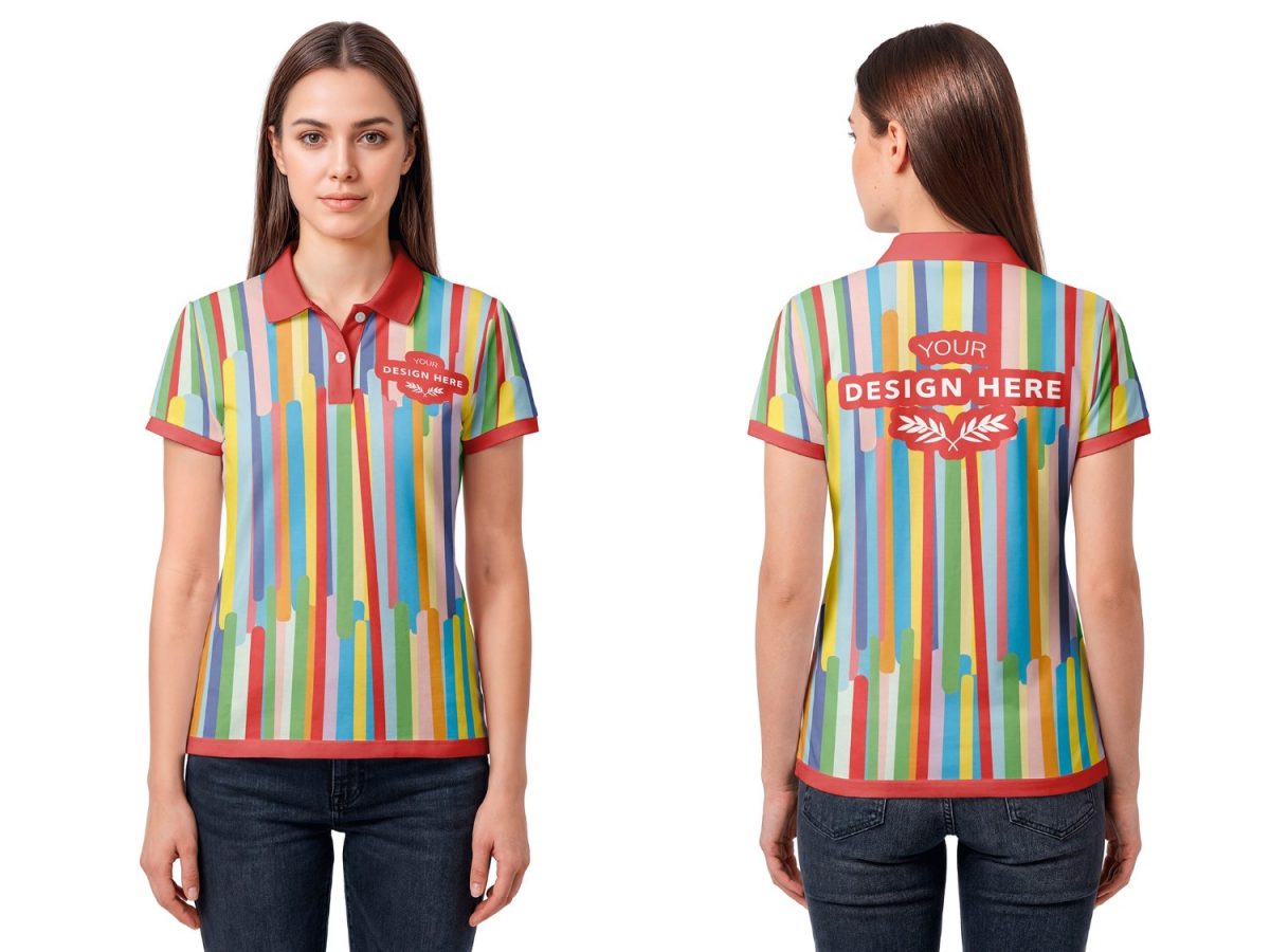 Mockup Polo Feminina Estampa Colorida Your Design Here PSD Editável