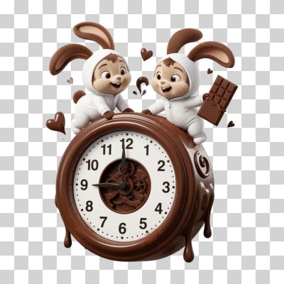 Coelhinhos Fofos com Relógio de Chocolate Derretido PNG Transparente