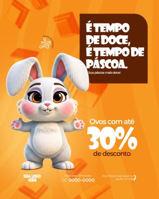 Páscoa coelhinha flyer É tempo de doce ovos 30% desconto PSD Editável