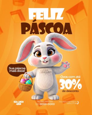 Páscoa Feliz Coelhinho Desconto 30% Ovos Flyer PSD Editável