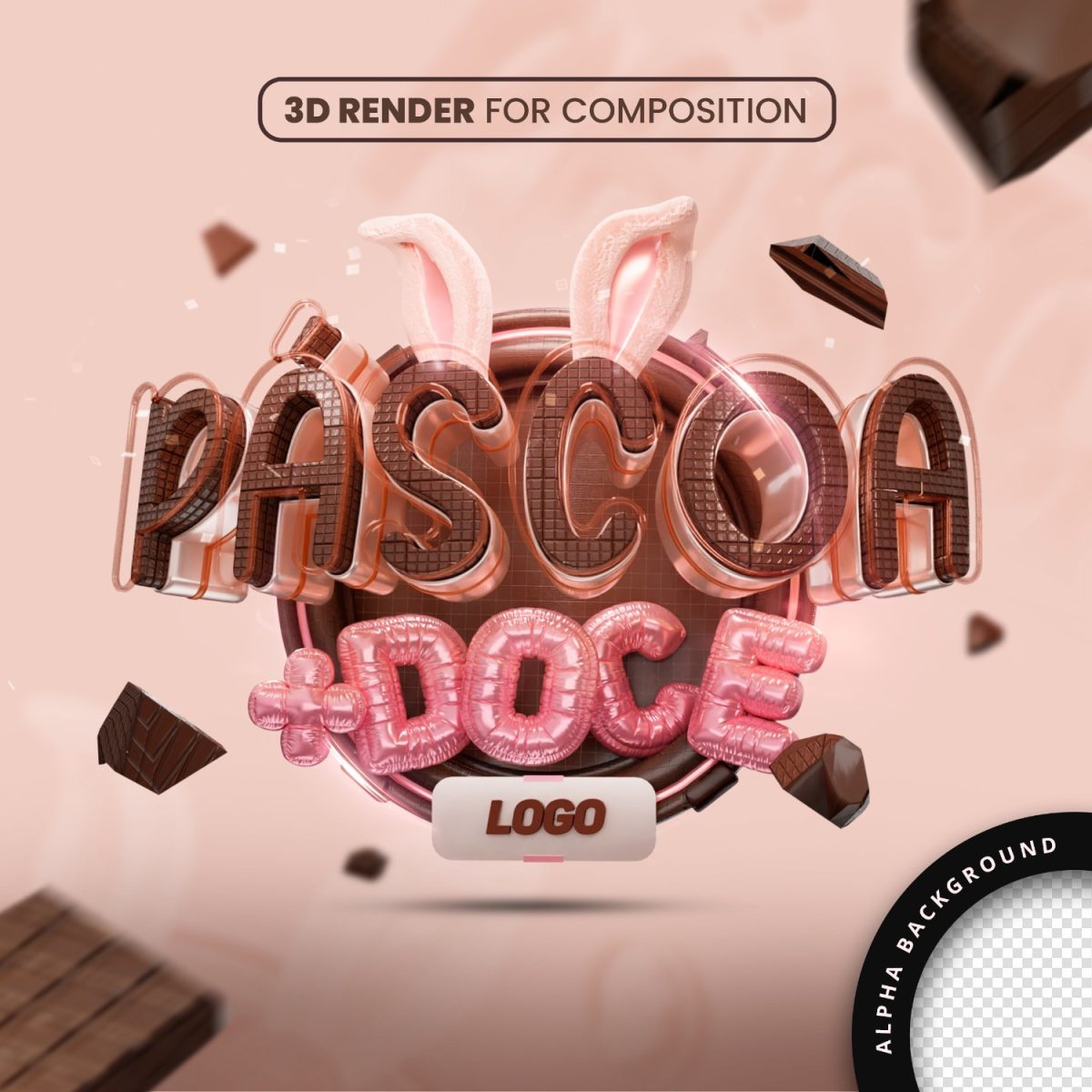 Páscoa Doce com Orelhas de Coelho e Chocolate 3D PSD Editável