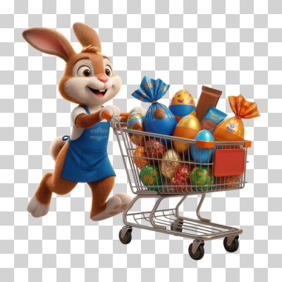 Páscoa Coelhinho Alegre com Carrinho Cheio de Ovos PNG Transparente