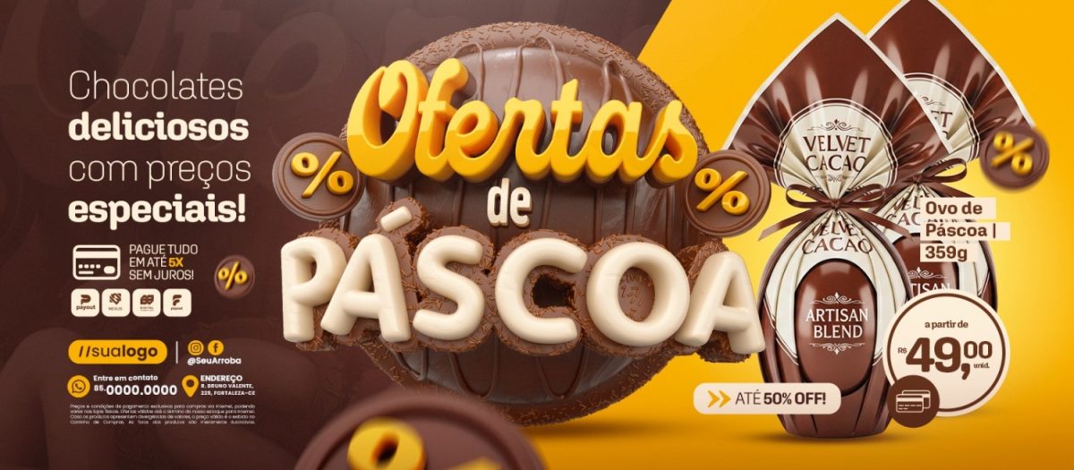 Páscoa de Ofertas Chocolates Deliciosos Com Preços Especiais Banner PSD Editável