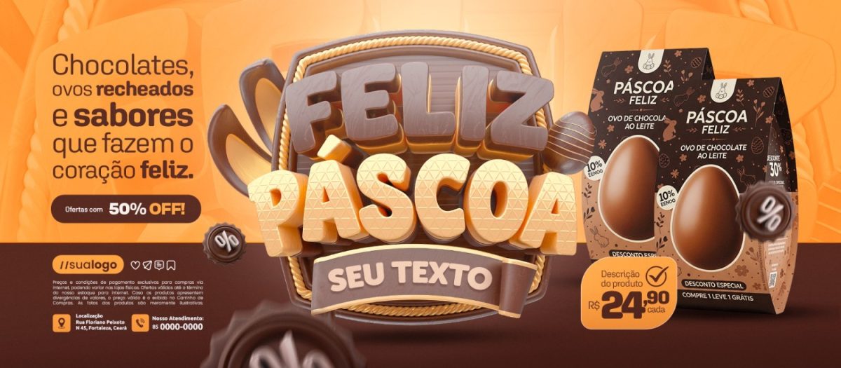 Feliz Páscoa Ovos Recheados e Sabores Que Fazem o Coração Feliz 50% OFF Banner PSD Editável