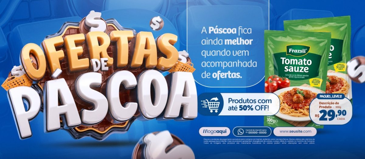 Ofertas de Páscoa 50% OFF a Páscoa Fica Ainda Melhor Banner PSD Editável