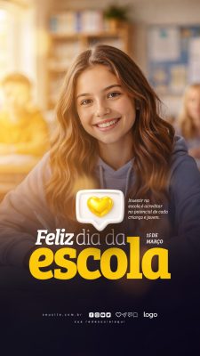 Dia da Escola 15 de Março Menina Feliz Fundo Gradiente PSD Editável