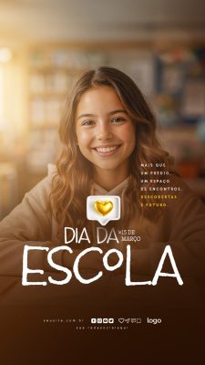 Dia da Escola 15 de março com menina estudante PSD Editável