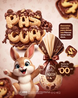 Páscoa Feliz Descontos Especiais Coelhinho e Ovo PSD Editável