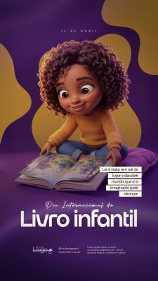 Dia do Livro Infantil Menina Lendo um Livro Ilustrado PSD Editável