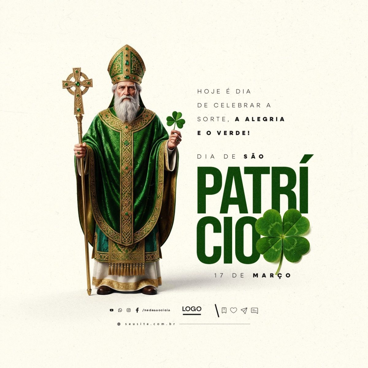 Dia de São Patrício Celebre a Sorte e Alegria em 17 de Março PSD Editável