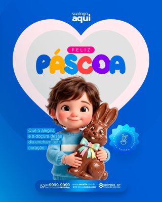 Páscoa Feliz Menino com Coelhinho de Chocolate Template PSD Editável