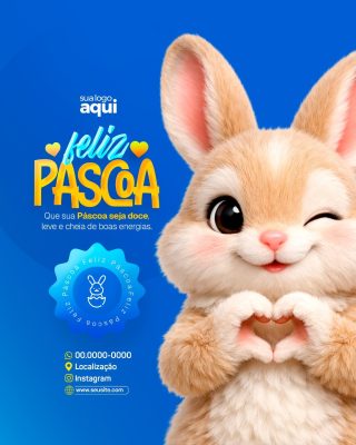Páscoa Feliz Coelhinho Fofo e Mensagem Doce Post Redes Sociais PSD Editável