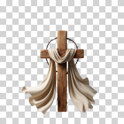 Páscoa Cruz de Madeira Coroa de Espinhos e Tecido Branco PNG Transparente