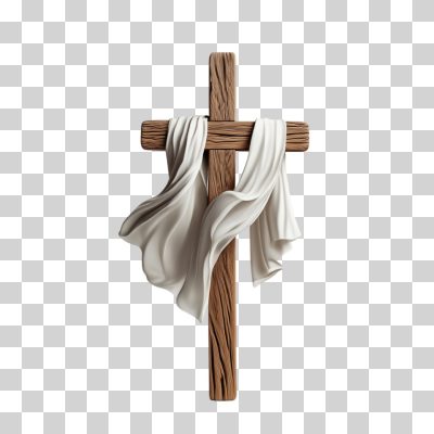 Cruz Páscoa Cristã de Madeira com Pano Branco PNG Transparente