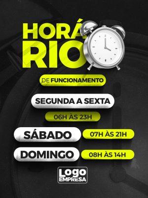Horário de Funcionamento Segunda a Domingo com Relógio PSD Editável