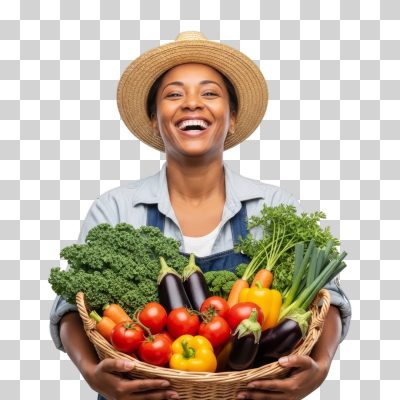 Agricultora Feliz com Cesta de Vegetais Frescos PNG Transparente