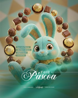 Feliz Páscoa Coelho e Ovos de Chocolate Arte para Social Media PSD Editável